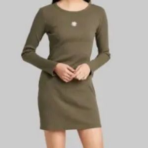 Olive Long Sleeve Bodycon Dress - Olive/Yellow Embroidered